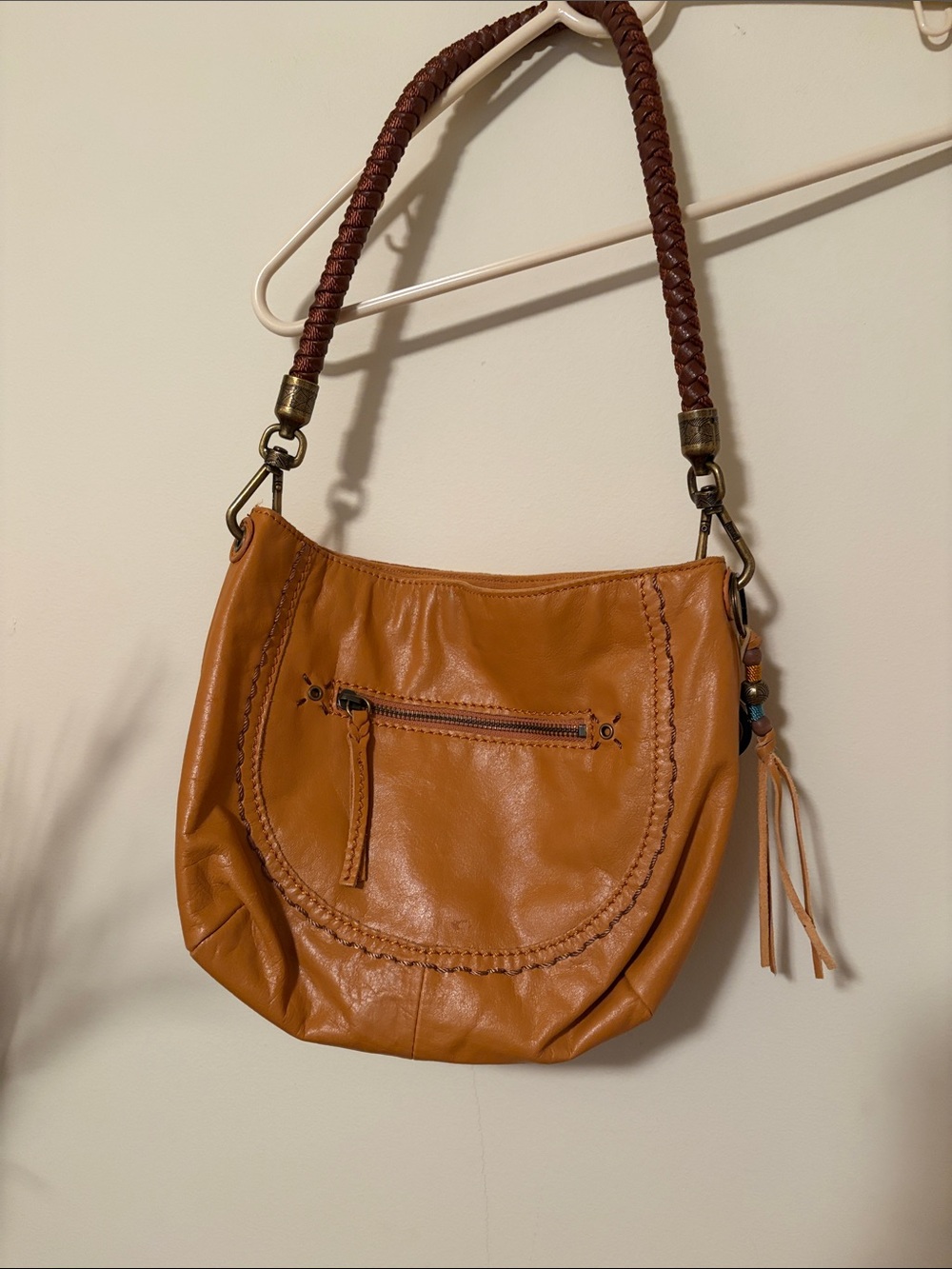 The Sak Tan Leather Shoulder Bag with Braided Brown Handle